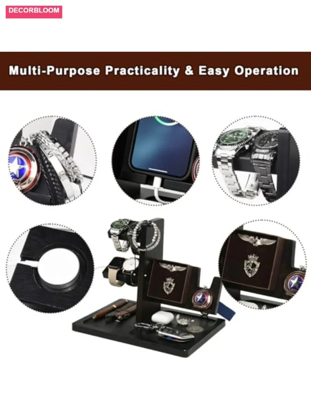 Solid Wood Watch Stand with Challenge Coin Display & Valet Tray, 5-Watch
